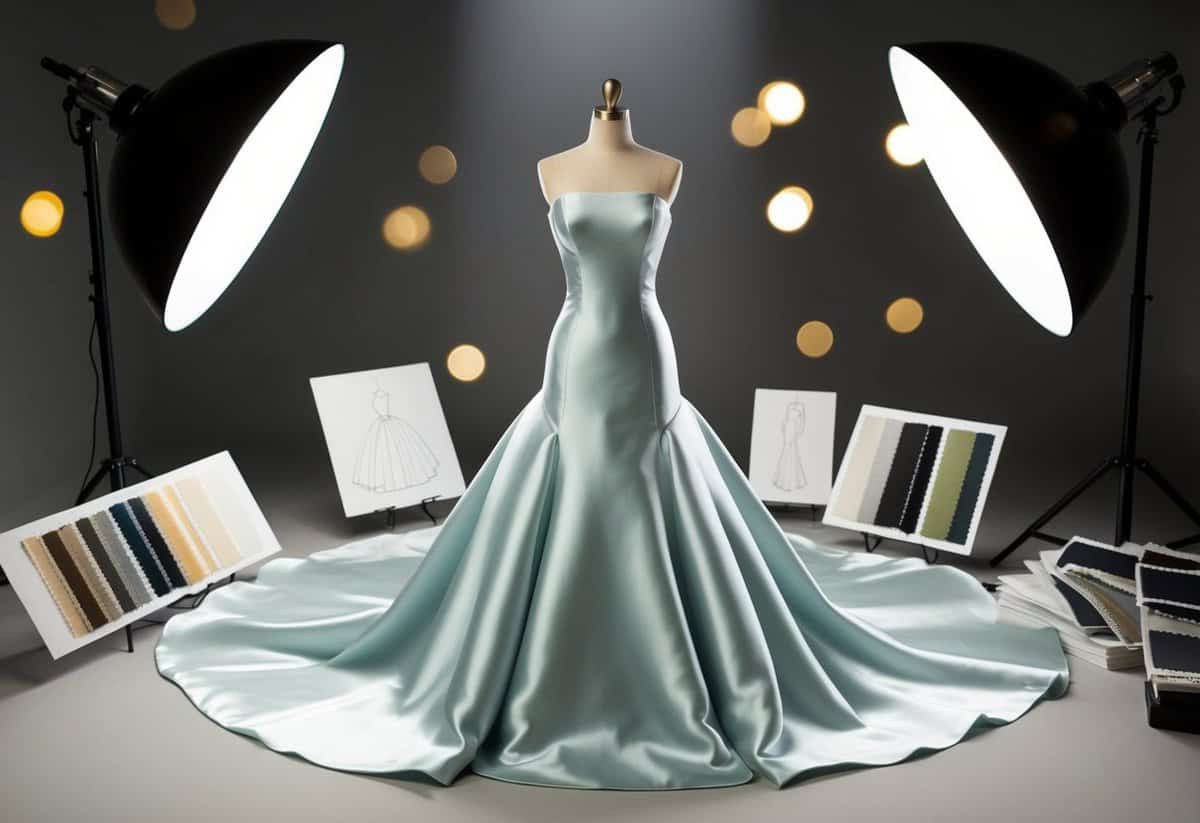 A spotlight shines on a sleek, strapless satin gown, surrounded by luxurious fabric swatches and elegant sketches