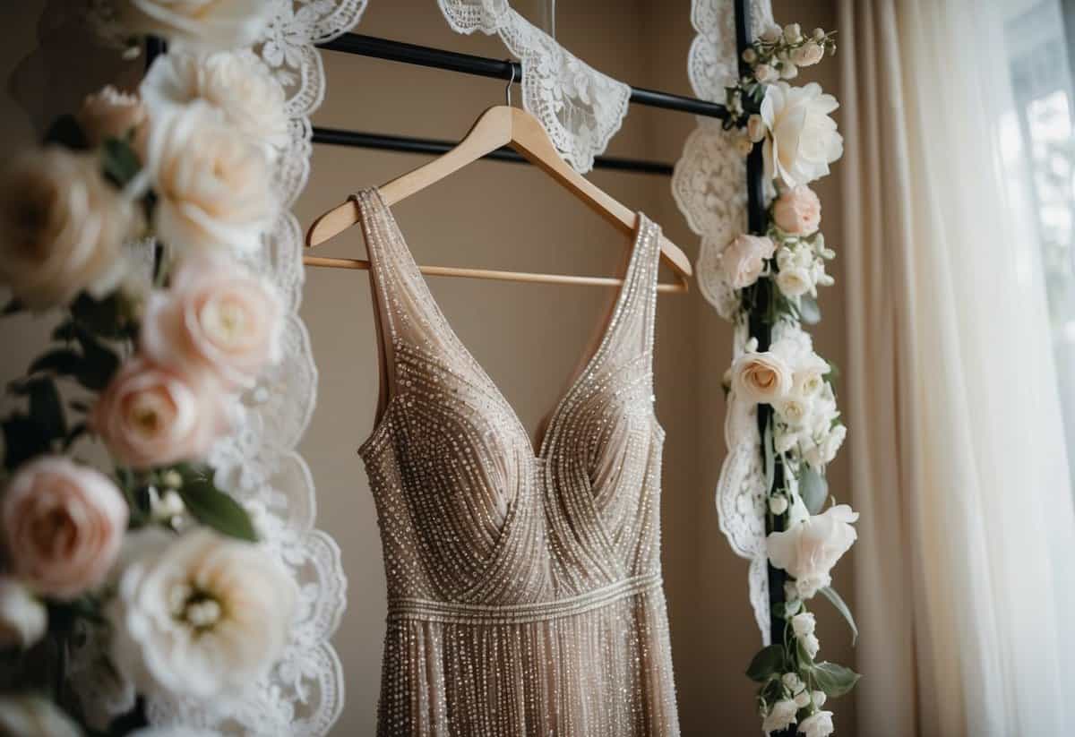 A shimmering, beaded Jenny Packham dress hangs on a vintage mannequin, surrounded by delicate lace and floral accents