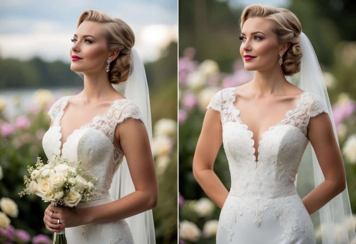 A mermaid-style wedding dress with vintage lace and 1950s flair, adorned with delicate details and a fitted silhouette