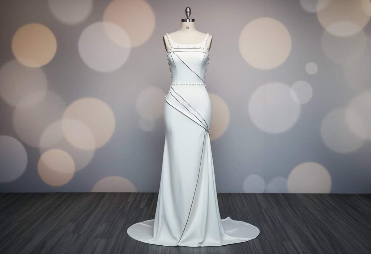 A sleek, floor-length gown with clean lines and geometric details. A simple, elegant silhouette with a dropped waist and delicate embellishments