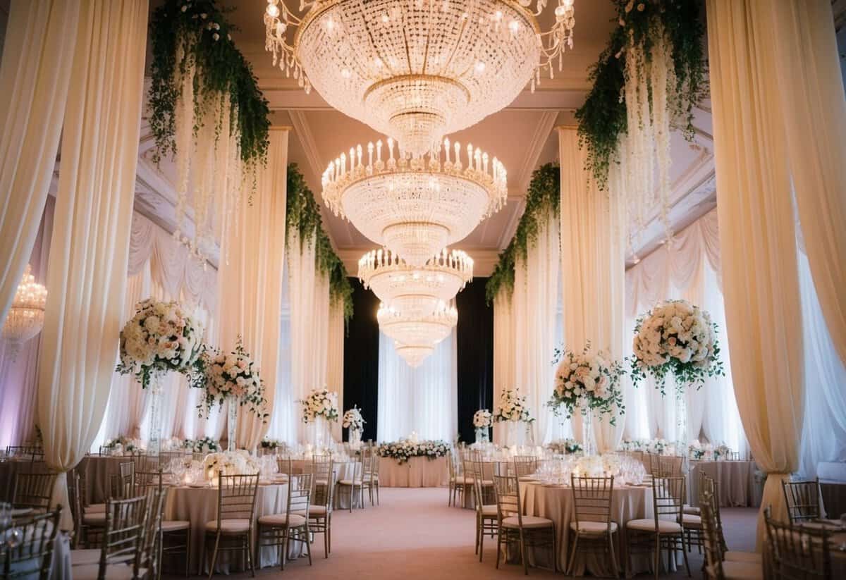 A grand ballroom with cascading silk fabric, opulent chandeliers, and elegant floral arrangements, evoking the luxurious and romantic atmosphere of a 00s wedding