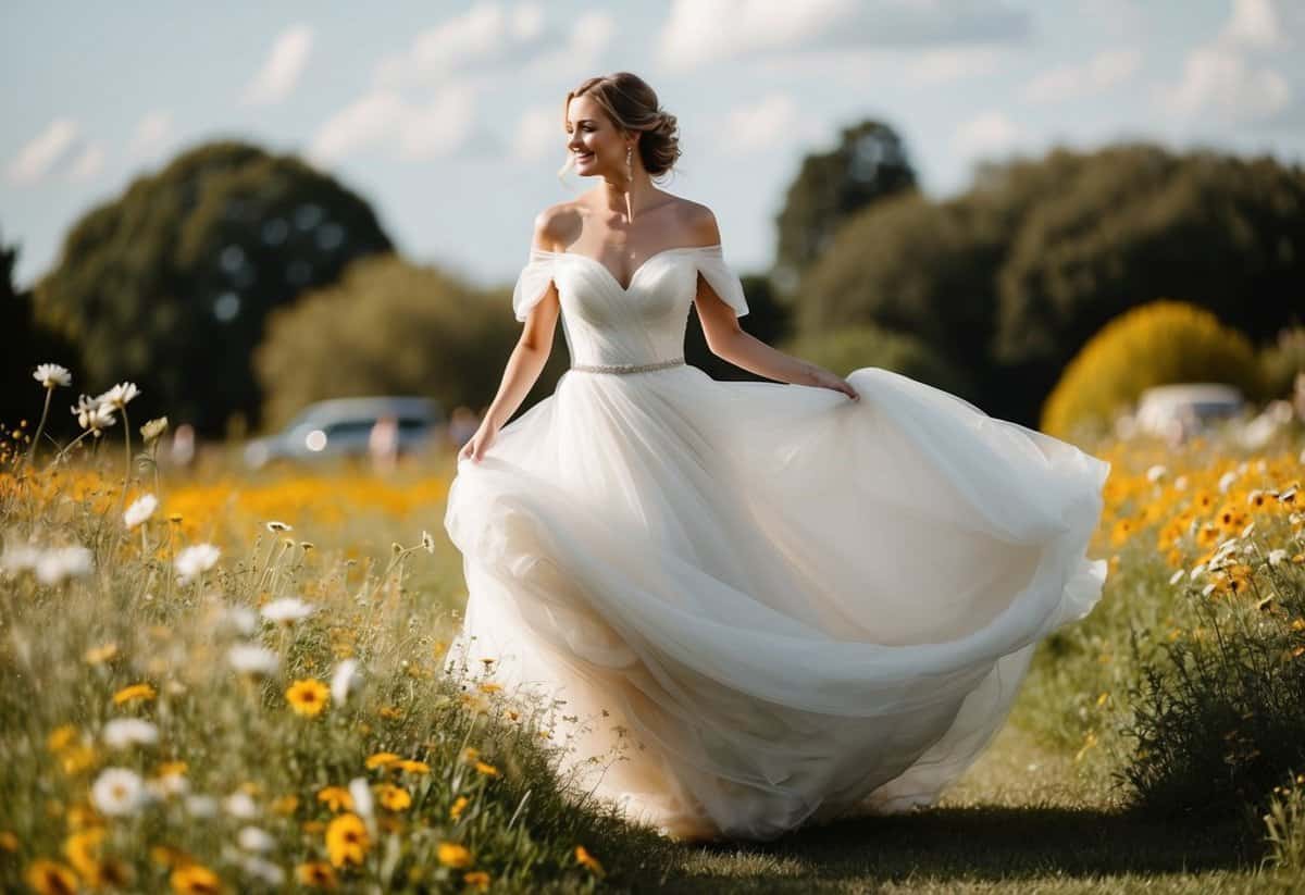 A bride twirls in a flowing off-shoulder gown, surrounded by wildflowers and vintage décor