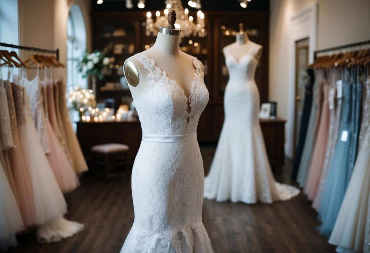 A lace mermaid dress displayed on a vintage mannequin in a dimly lit bridal boutique