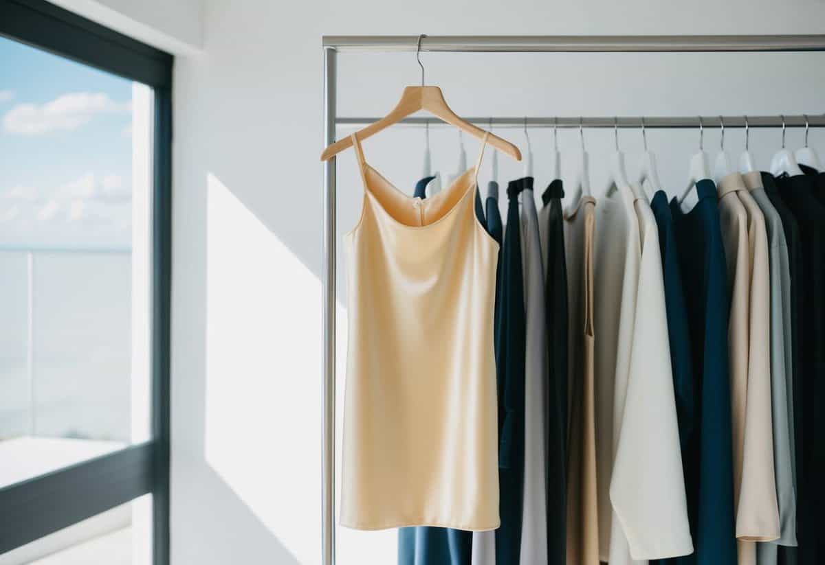 A simple satin slip dress hangs on a sleek, modern clothing rack in a sunlit room with clean, minimalist decor