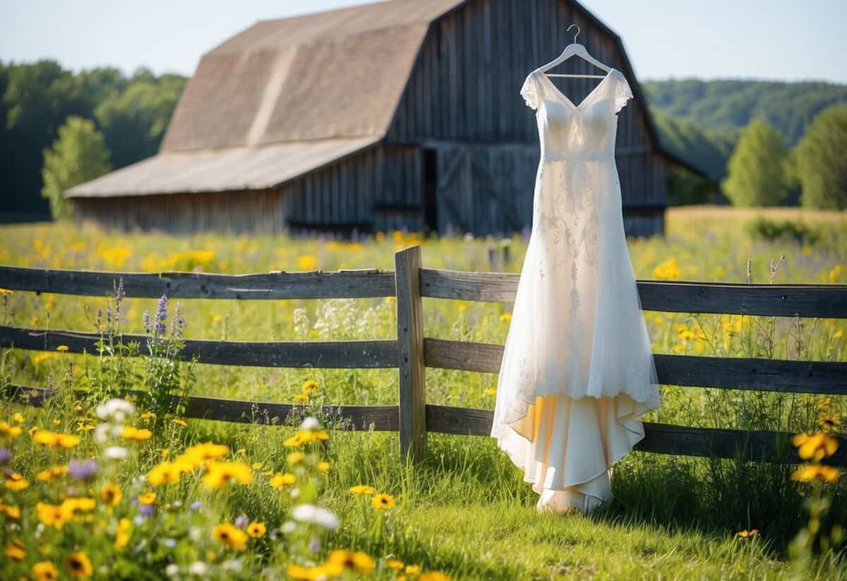 A sun-drenched meadow with wildflowers, a wooden barn in the background, and a vintage 1920s-style wedding dress draped over a weathered fence