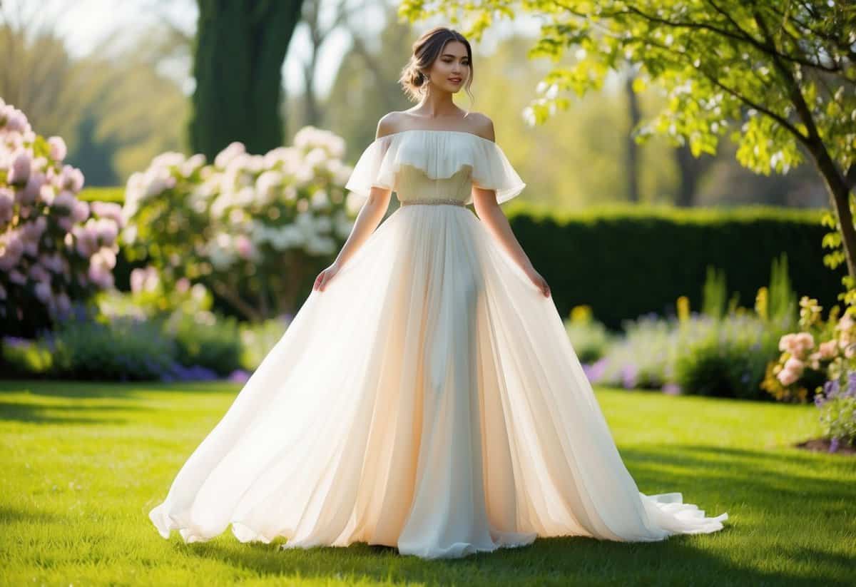 A flowing off-shoulder dress in a garden setting, with blooming flowers and soft sunlight filtering through the trees