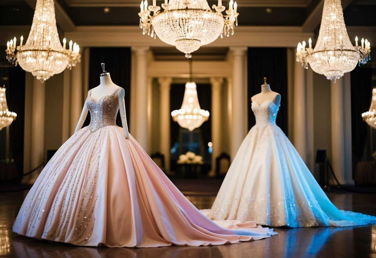 A grand ballroom with sparkling chandeliers, a flowing princess ball gown adorned with shimmering crystals, and a vintage 1950s style wedding dress on a mannequin