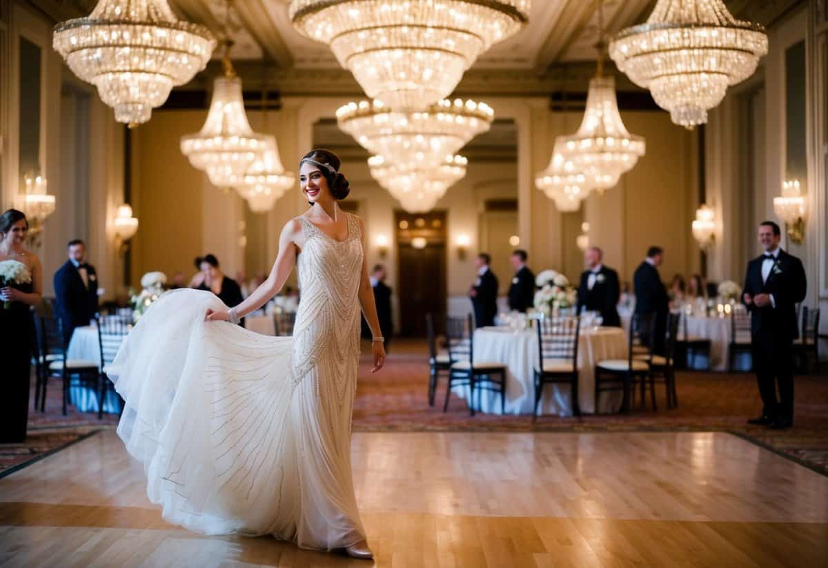 A grand ballroom with chandeliers, art deco details, and a bride in a flowing, beaded 1920s-style wedding gown