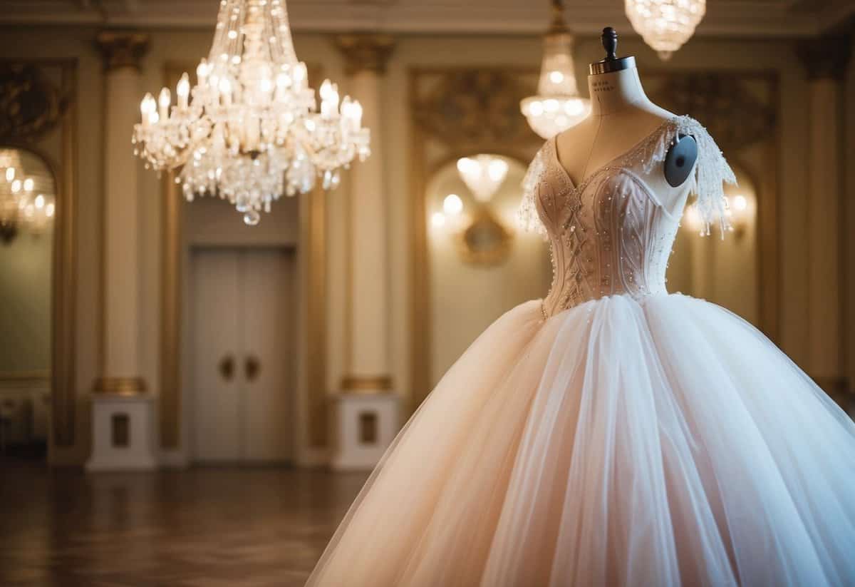 A grand ballroom with soft lighting, a sparkling chandelier, and a delicate tulle ball gown draped over a vintage mannequin