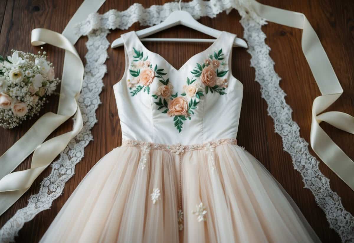 A 1950s-style wedding dress with floral appliqué and tulle, hanging on a vintage dress form, surrounded by delicate lace and silk ribbons