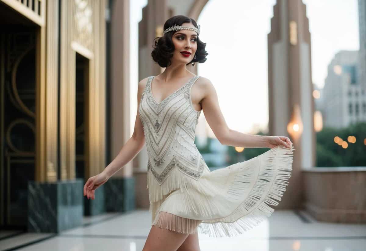 A flapper-inspired bride twirls in a chic, short wedding dress with intricate beading and fringe, set against a backdrop of art deco architecture