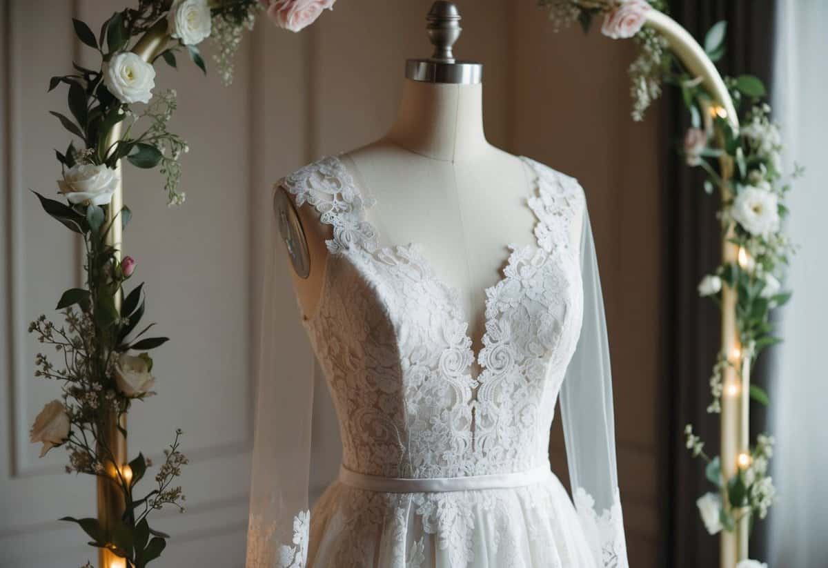 A vintage lace wedding dress displayed on a mannequin, surrounded by soft lighting and delicate floral accents