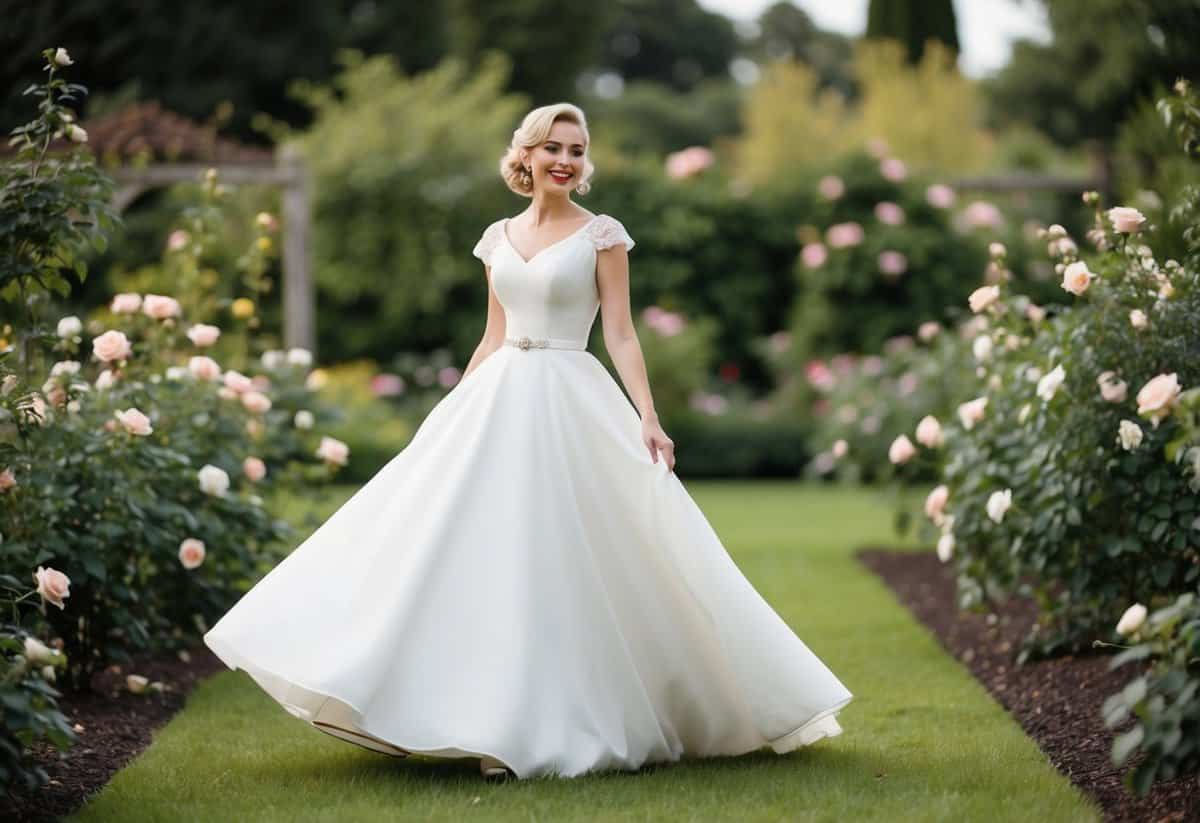 A bride twirls in a garden, wearing a 1950s-inspired A-line wedding dress with delicate cap sleeves, surrounded by blooming roses and trailing greenery