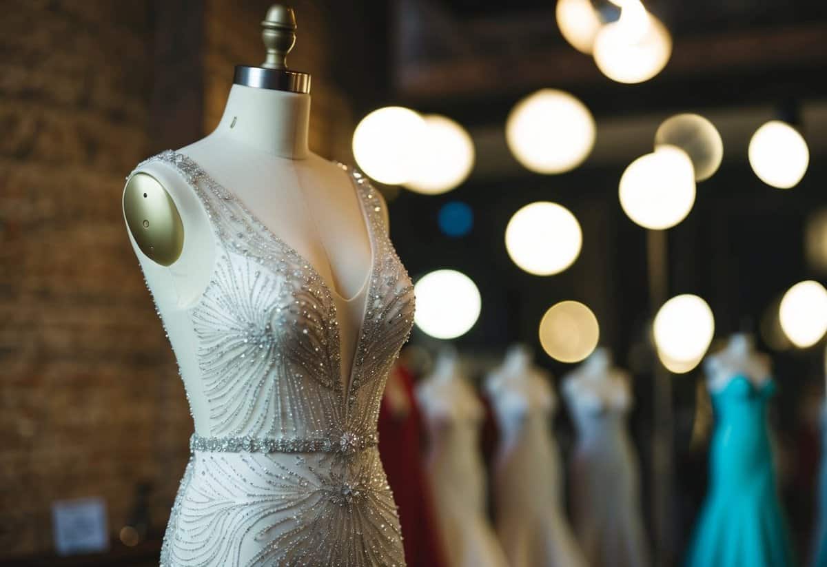 A sparkling beaded sheath wedding dress displayed on a vintage mannequin