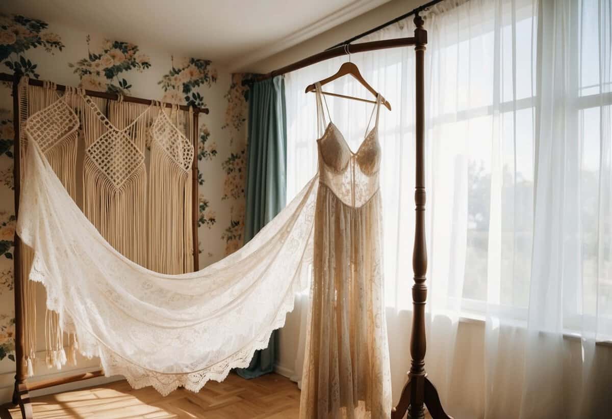 A flowing bohemian lace gown hangs on a vintage dress form in a sunlit room with floral wallpaper and a macramé backdrop