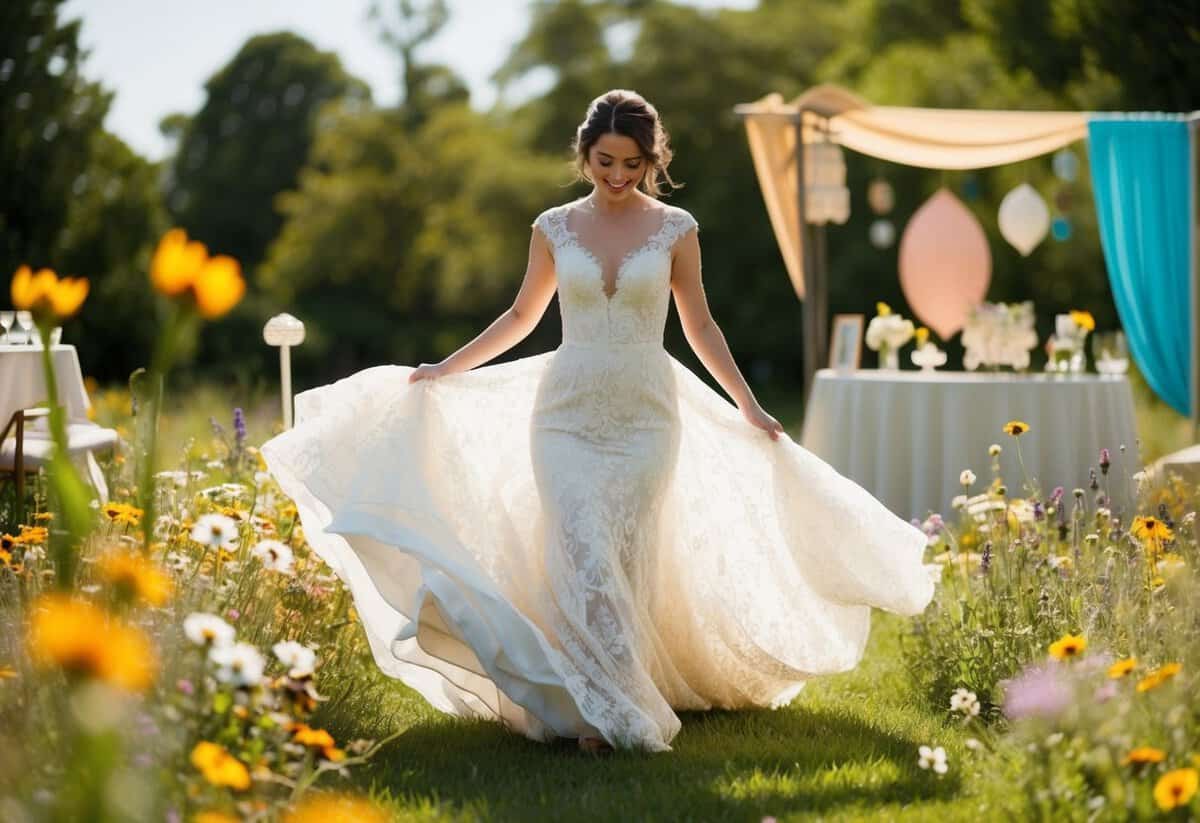 A bride twirls in a flowing lace gown, surrounded by wildflowers and vintage decor in a 1960s-inspired outdoor wedding setting