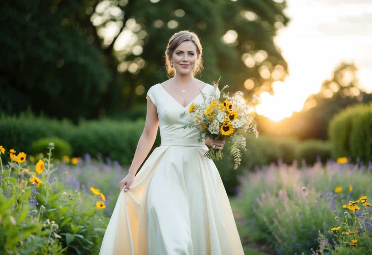 A bride in a 1970s tea-length dress walks through a garden, holding a bouquet of wildflowers. The sun sets behind her, casting a warm glow