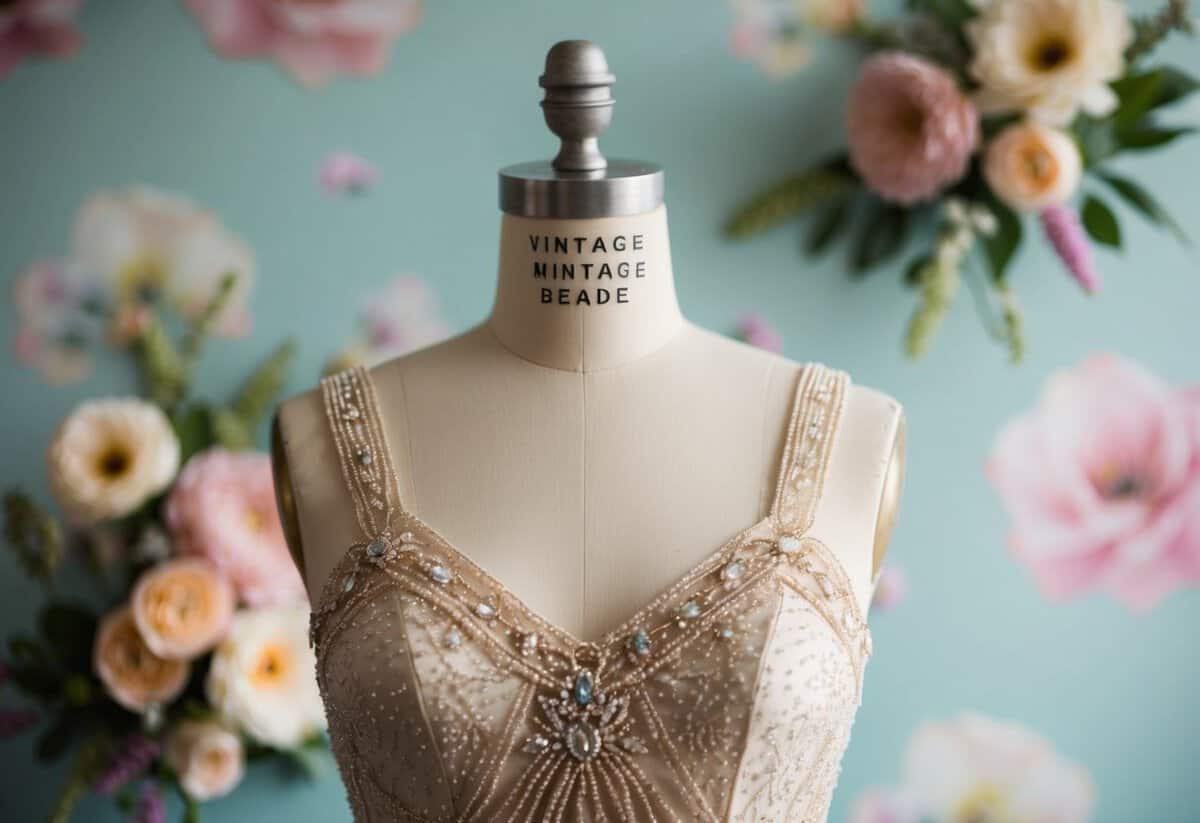 A mannequin adorned in a 1960s vintage beaded dress, with delicate lace and intricate details, set against a backdrop of soft pastel hues and floral accents