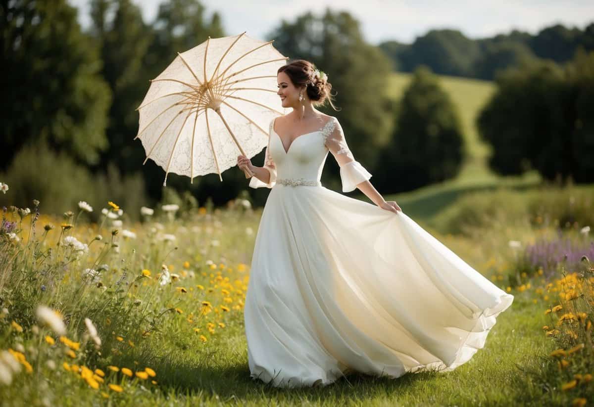 A bride twirls in a flowing A-line gown with billowing sleeves, surrounded by wildflowers and a vintage lace parasol