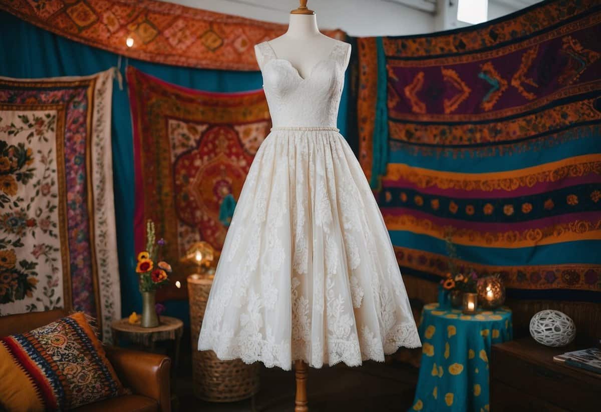 A vintage lace gown hangs on a mannequin, surrounded by colorful tapestries and eclectic decor, evoking a 1980s bohemian wedding aesthetic