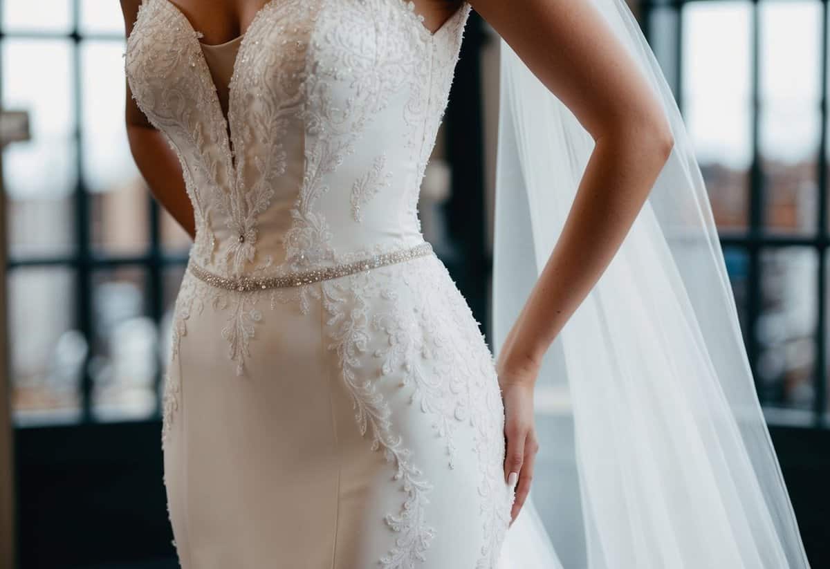 A mermaid silhouette wedding dress with a 1960s style, featuring a fitted bodice and flared skirt, adorned with lace and beading