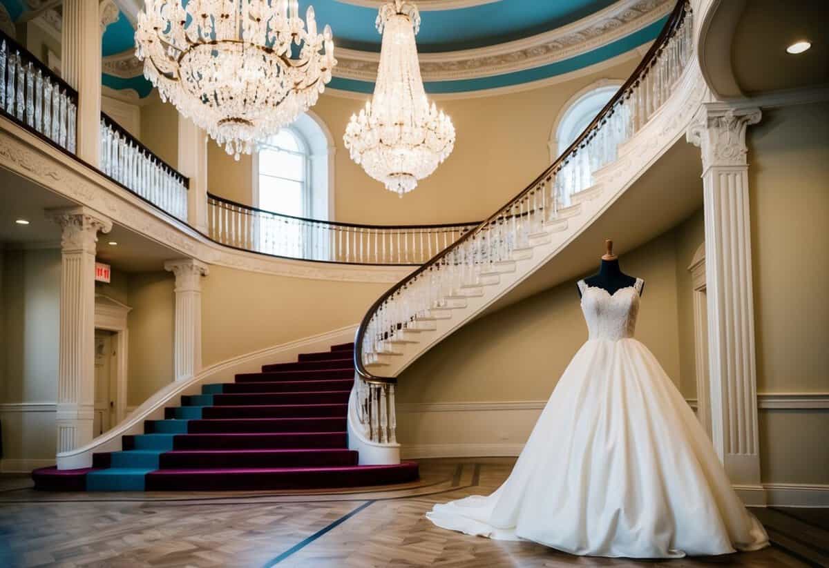 A grand ballroom with crystal chandeliers, ornate moldings, and a sweeping staircase. A vintage-inspired 1980s style wedding dress displayed on a mannequin