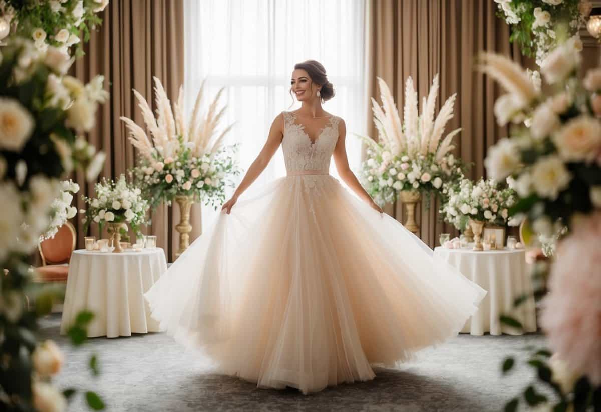 A bride twirls in a flowing A-line tulle skirt, surrounded by vintage 1960s wedding decor and floral arrangements