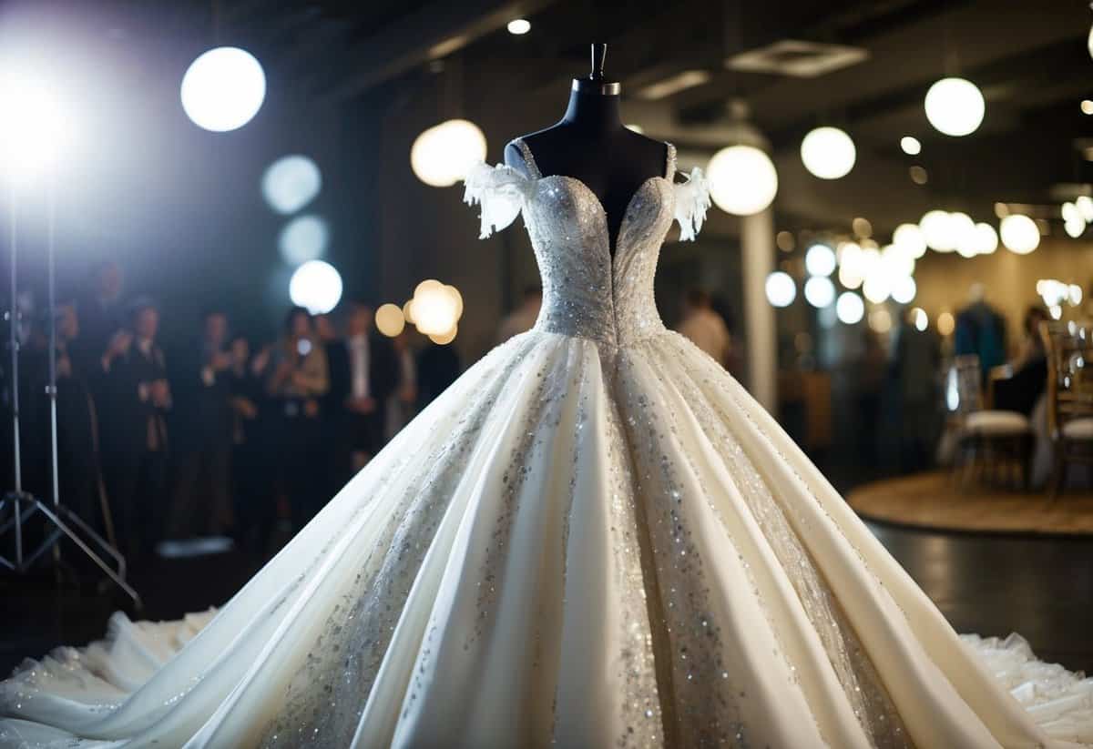 A 1970s-style ball gown wedding dress with a dramatic, flowing silhouette, adorned with sequins and shimmering details