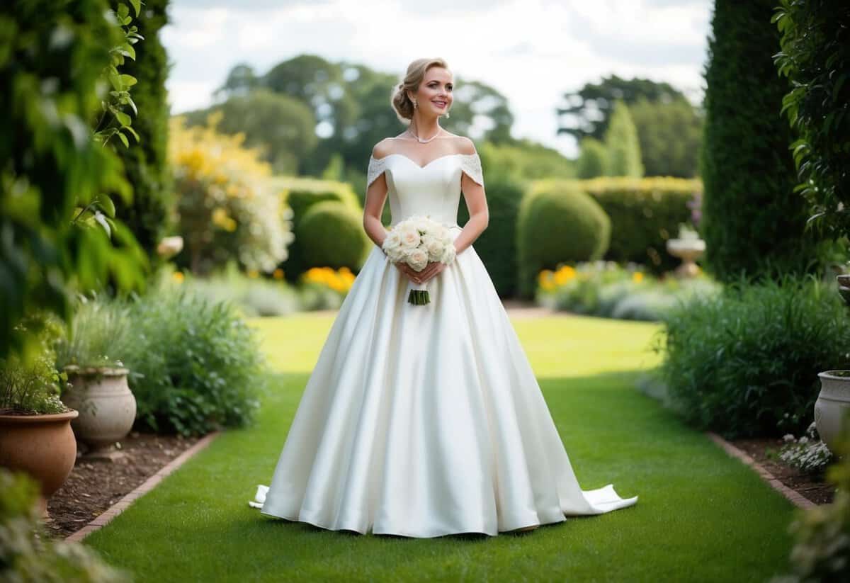 A bride stands in a lush garden, wearing an off-the-shoulder satin 1960s style wedding dress, with a flowing skirt and delicate lace details