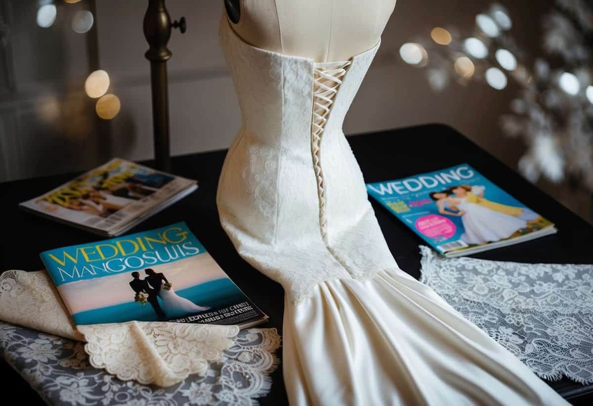 A mermaid silhouette dress hangs on a vintage mannequin, surrounded by 1980s wedding magazines and lace fabric swatches