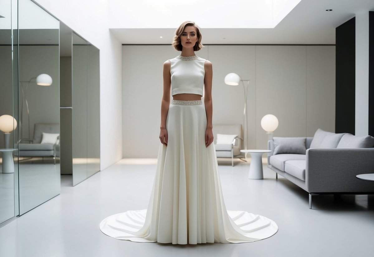 A bride wearing a 1970s style two-piece wedding dress, with a cropped top and flowing skirt, standing in a modern, minimalist setting with sleek furniture and clean lines