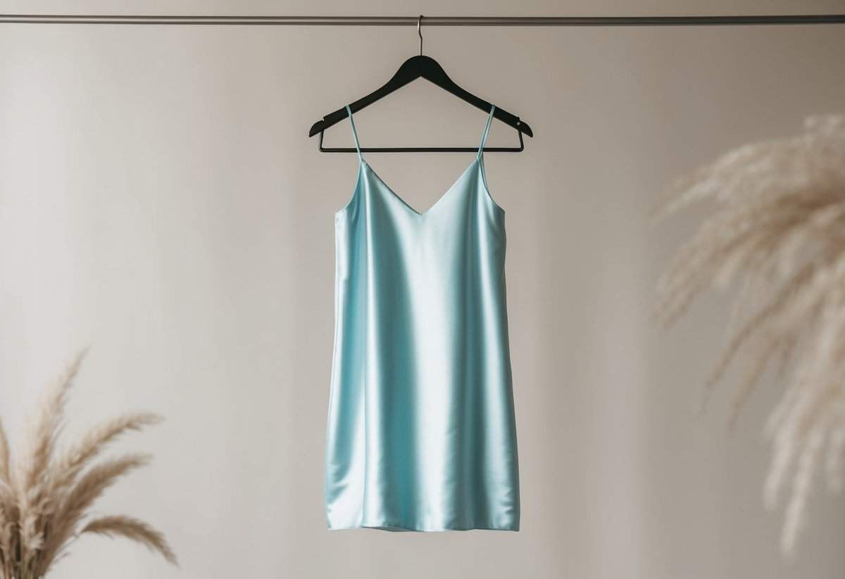 A simple, sleek satin slip dress hangs on a minimalist hanger against a soft, neutral backdrop, evoking 1980s wedding dress style