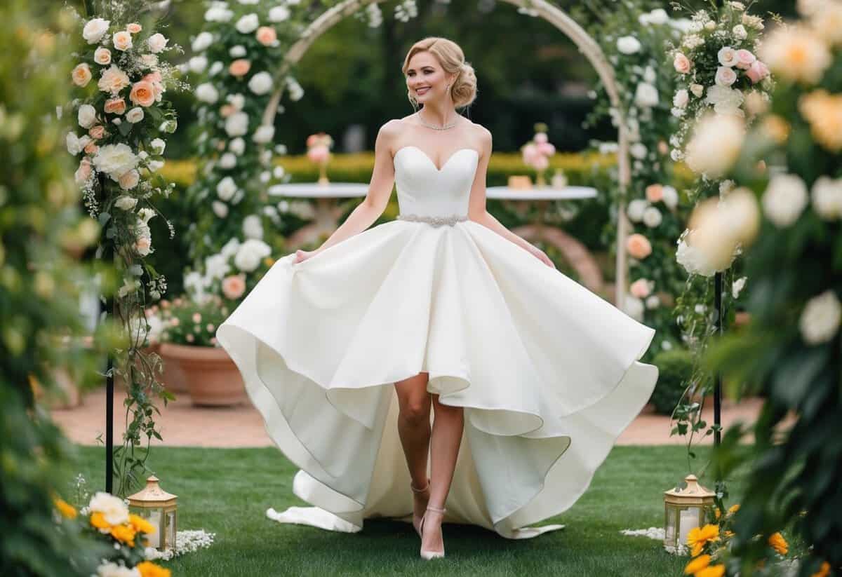 A bride twirls in a 1960s-style high-low hem wedding dress, surrounded by a garden of blooming flowers and vintage decor