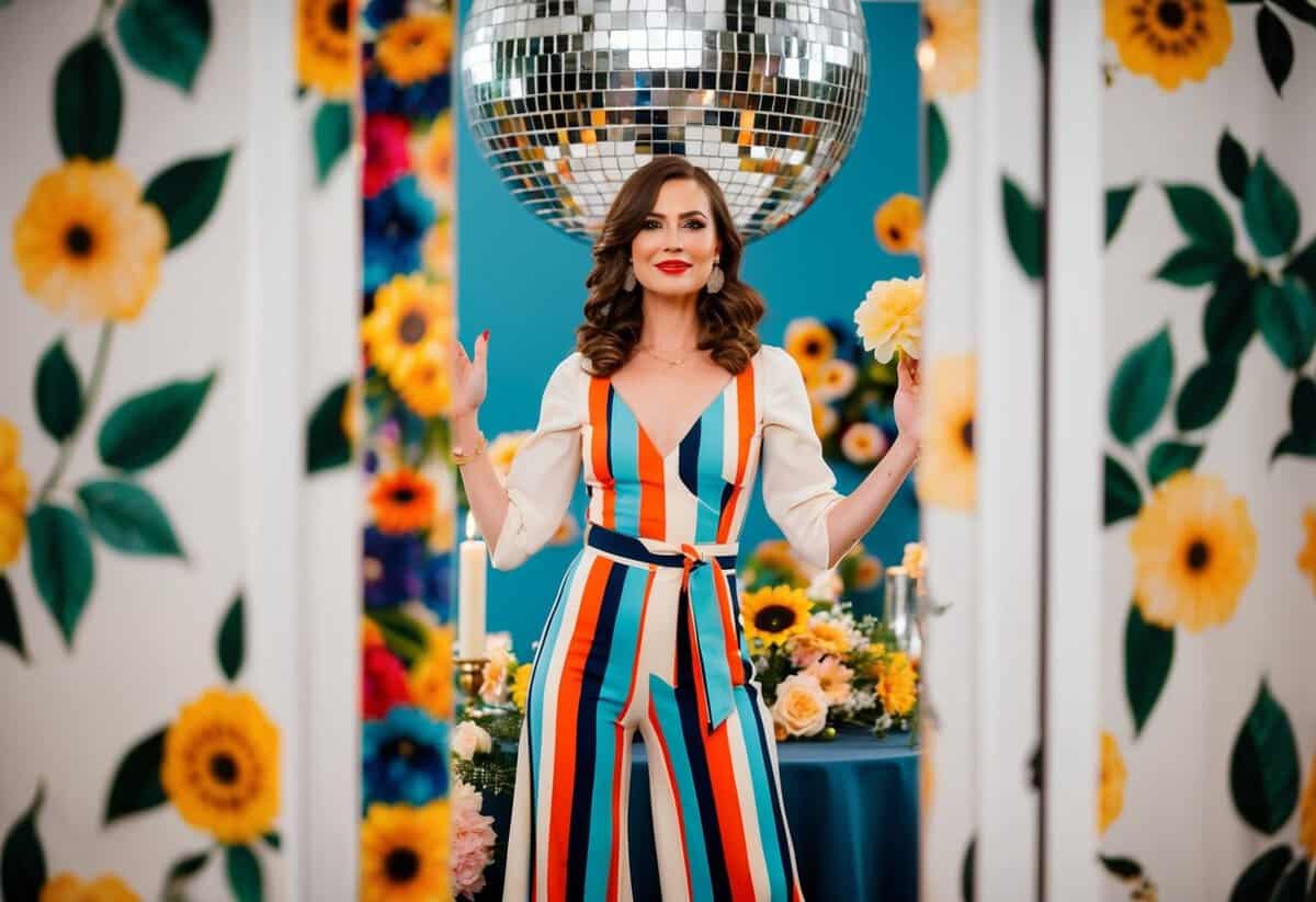 A bride in a chic 1970s style jumpsuit, surrounded by retro floral decor and disco ball reflections