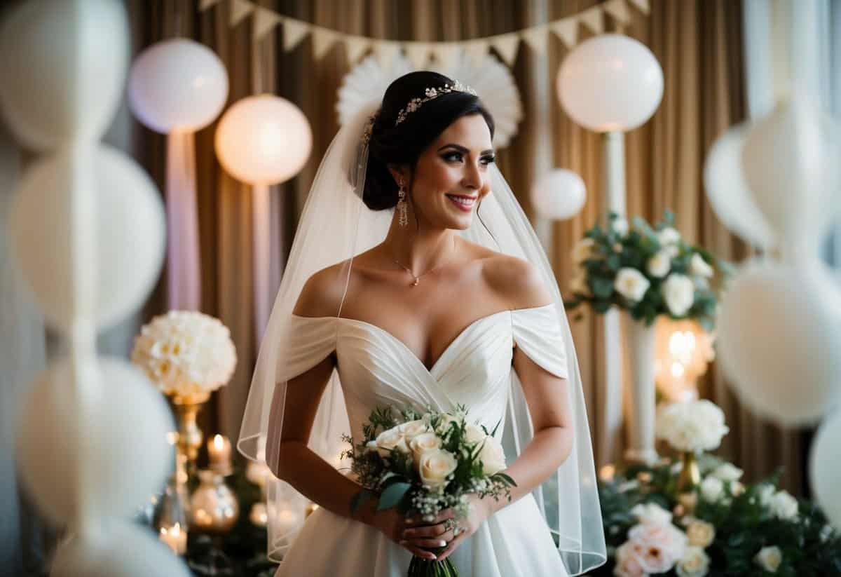 A bride in a flowing off-shoulder dress, surrounded by vintage 1980s-inspired wedding decor, with soft lighting and a romantic atmosphere