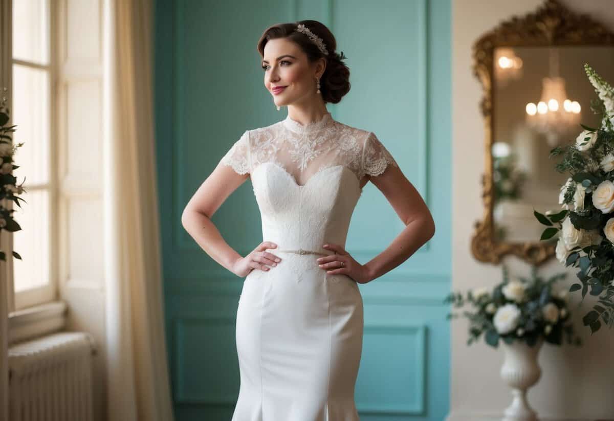 A bride in a tea-length retro sheath wedding dress, with a fitted silhouette, high neckline, and lace details, standing in a vintage-inspired setting