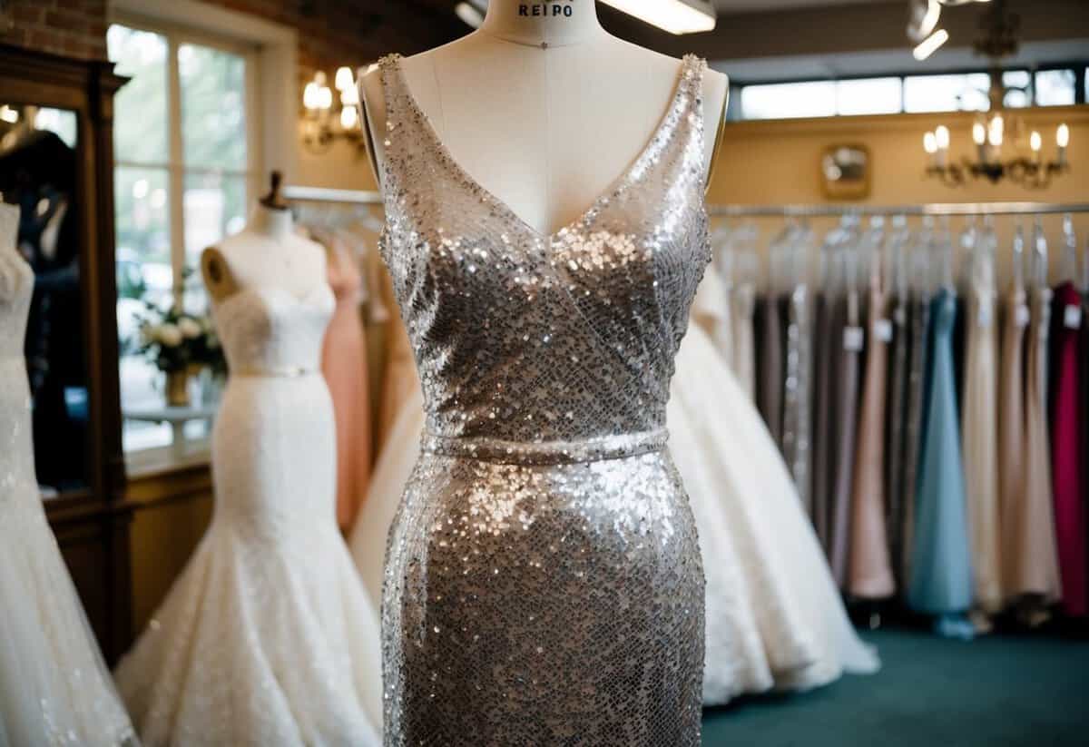 A sparkling sequin dress hangs on a mannequin in a vintage bridal boutique, surrounded by retro 1980s wedding gown designs