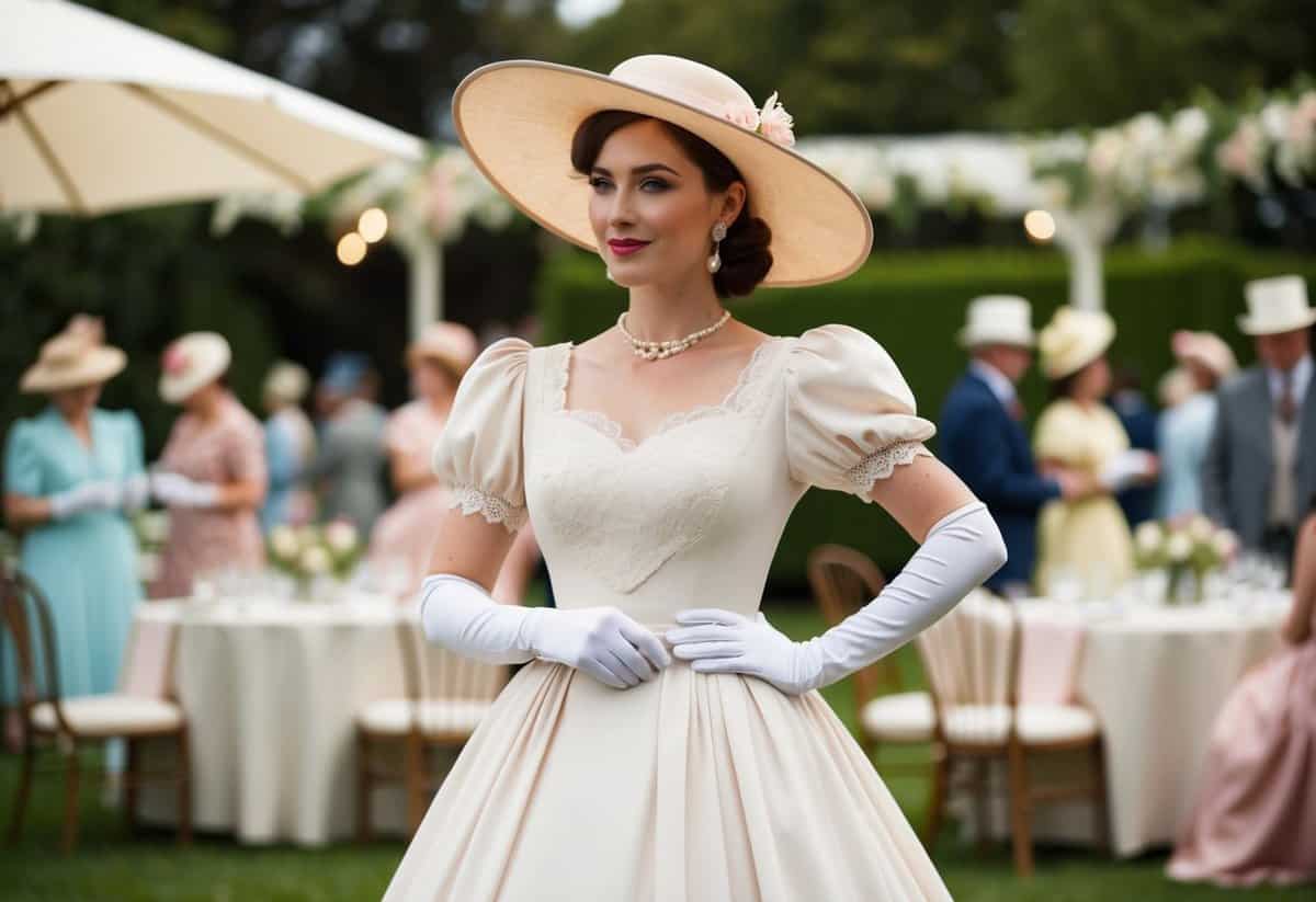 A tea-length dress with puffy sleeves and a lace bodice, paired with a wide-brimmed hat and gloves, set against a backdrop of a vintage garden party