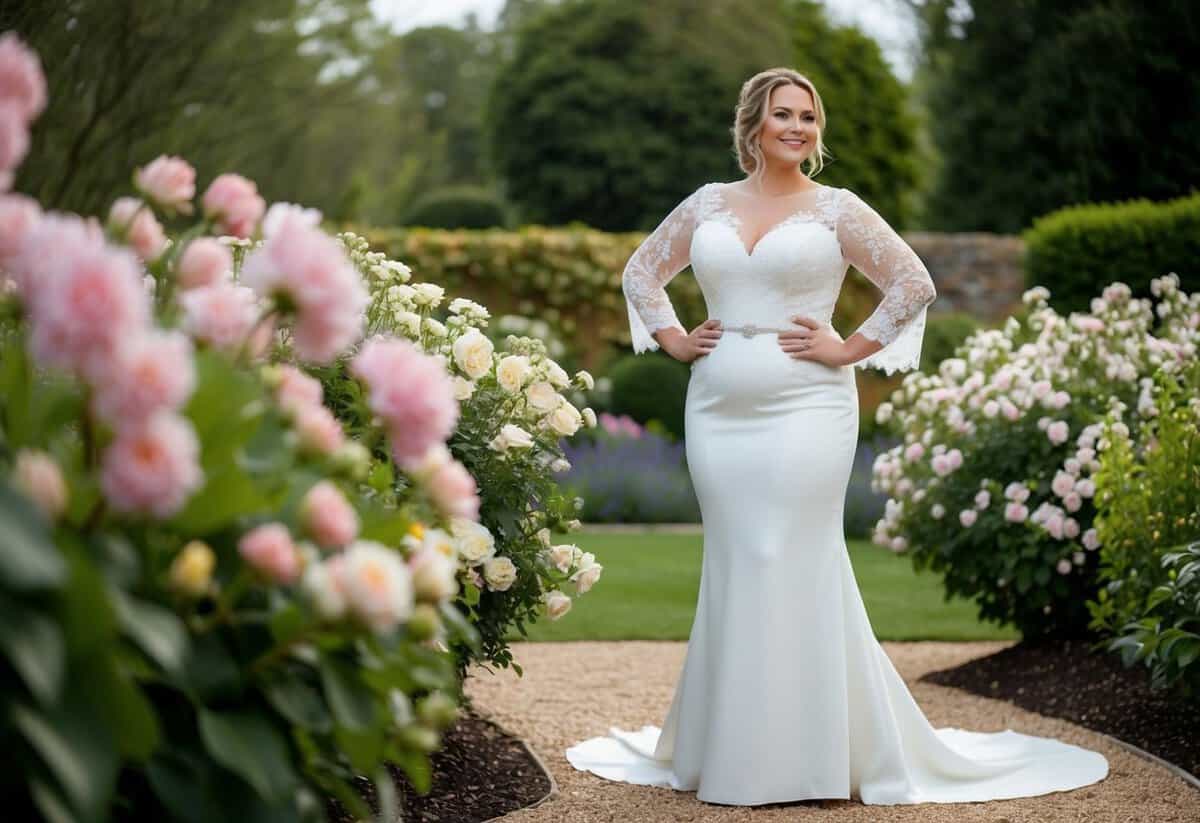 A curvy bride in a mermaid gown with lace sleeves, standing in a garden surrounded by blooming flowers