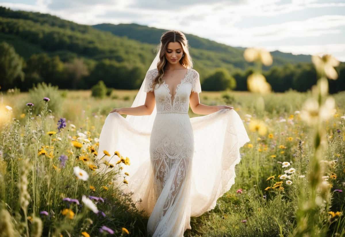 A bride in a 1990s style bohemian lace gown, surrounded by wildflowers and flowing fabric in a sunlit meadow