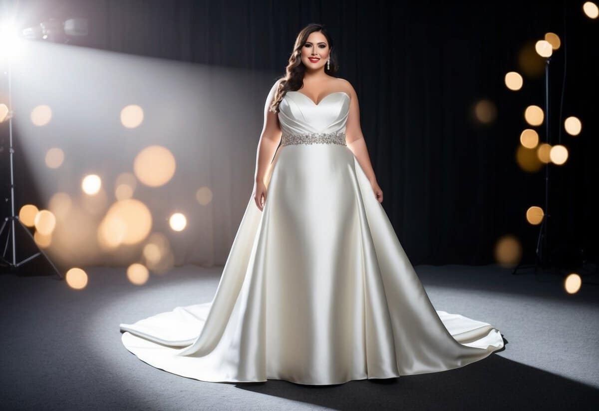 A curvy bride stands in a spotlight, wearing an A-line satin dress with a beaded waist. The dress flows elegantly to the floor, catching the light and shimmering with every movement