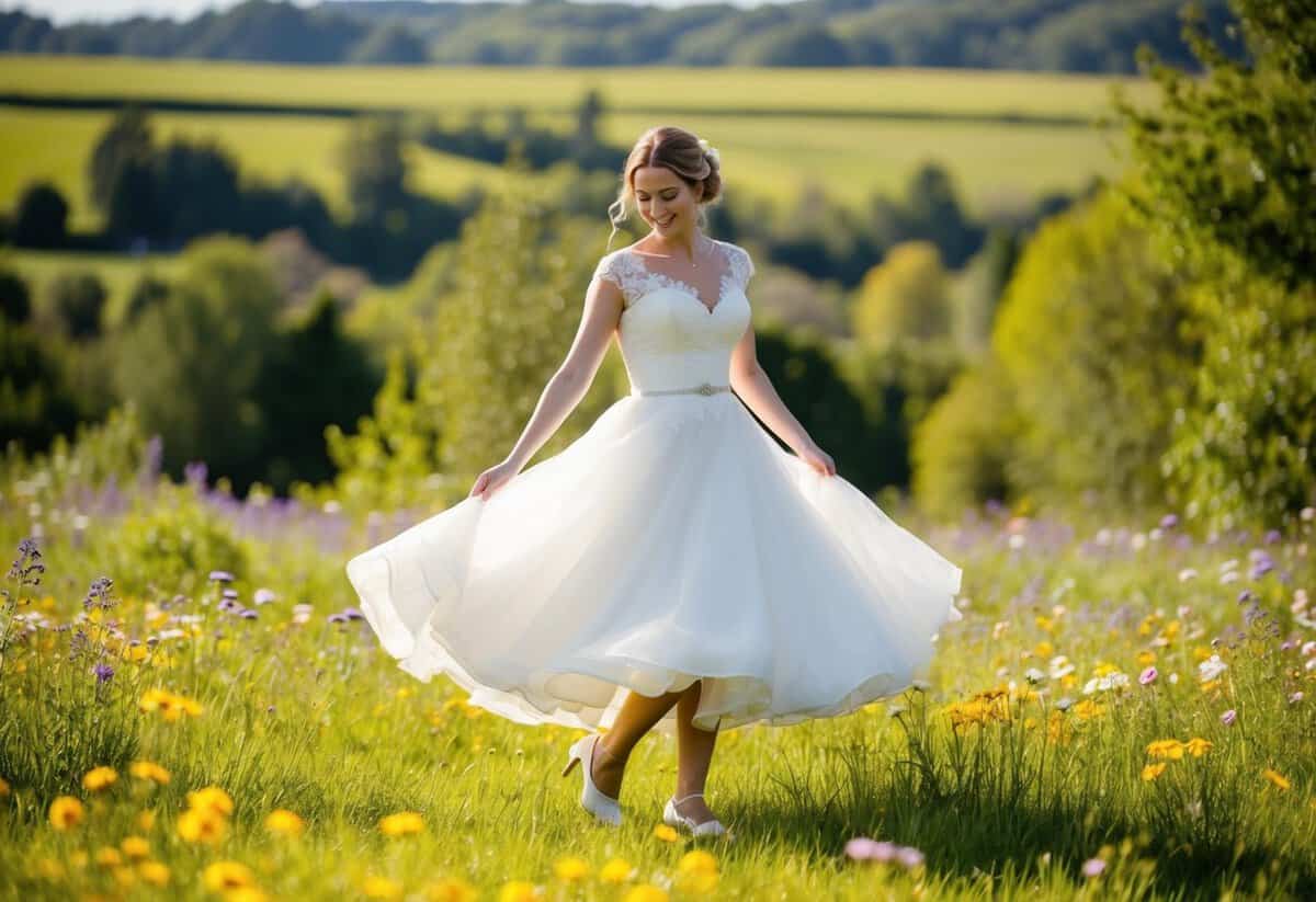 A bride twirls in a tea-length 1990s style wedding dress, surrounded by blooming wildflowers in a sunlit meadow