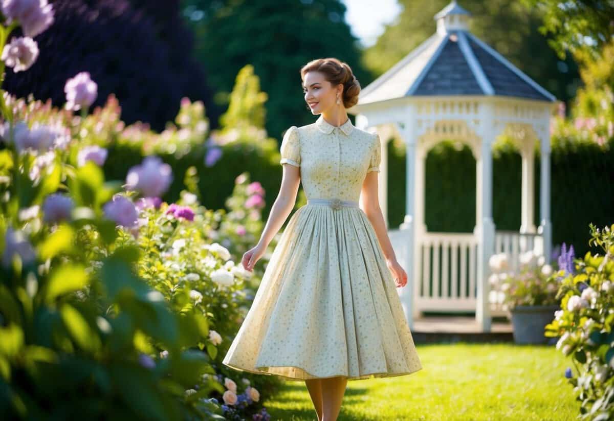 A woman in a vintage-inspired tea-length dress stands in a sun-dappled garden, surrounded by blooming flowers and a quaint gazebo