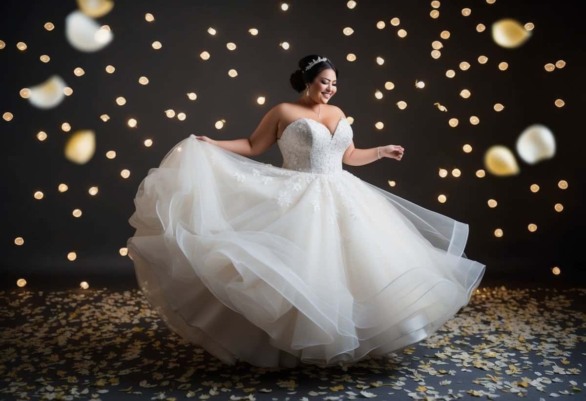 A curvy bride twirls in a ballgown with a tulle skirt, surrounded by floating petals and twinkling lights