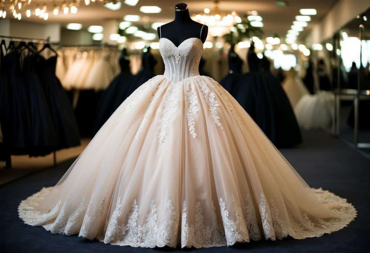 An elegant ball gown from the 1990s, featuring a sweetheart neckline, intricate lace detailing, and a voluminous tulle skirt with a long train