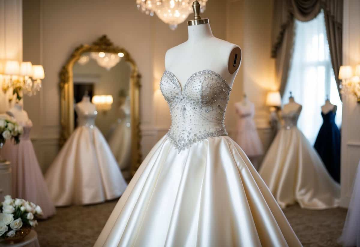 A satin ballgown with a beaded bodice stands on a mannequin in a softly lit, opulent bridal boutique