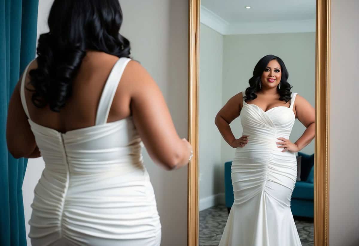 A curvy bride in a sheath dress with ruching, standing in front of a full-length mirror, admiring her reflection