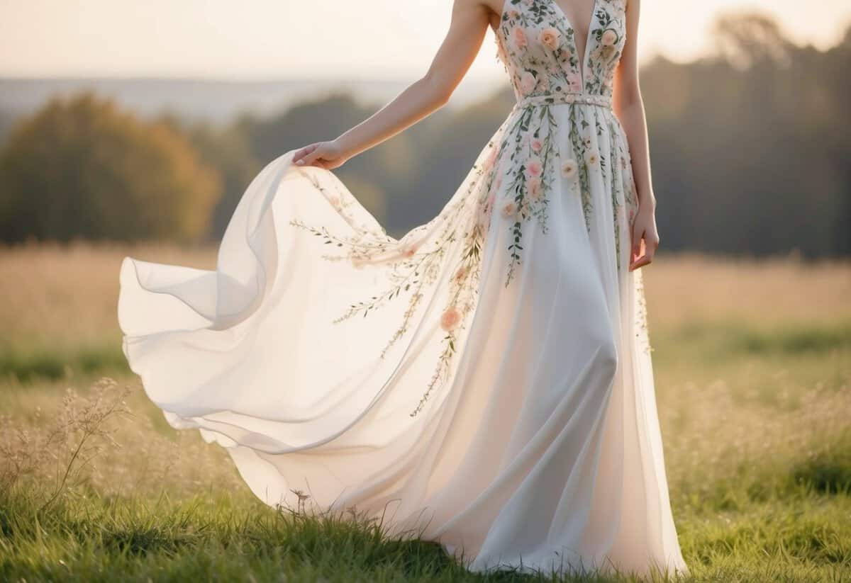 A flowing chiffon dress with delicate floral detailing, set against a dreamy outdoor backdrop with soft, natural lighting