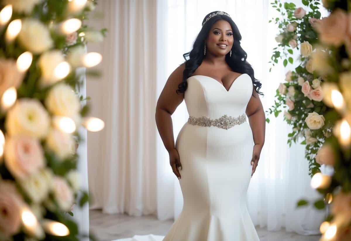 A curvy bride stands in a fitted-and-flared wedding dress, featuring an embellished belt, surrounded by a soft, romantic setting with flowers and twinkling lights