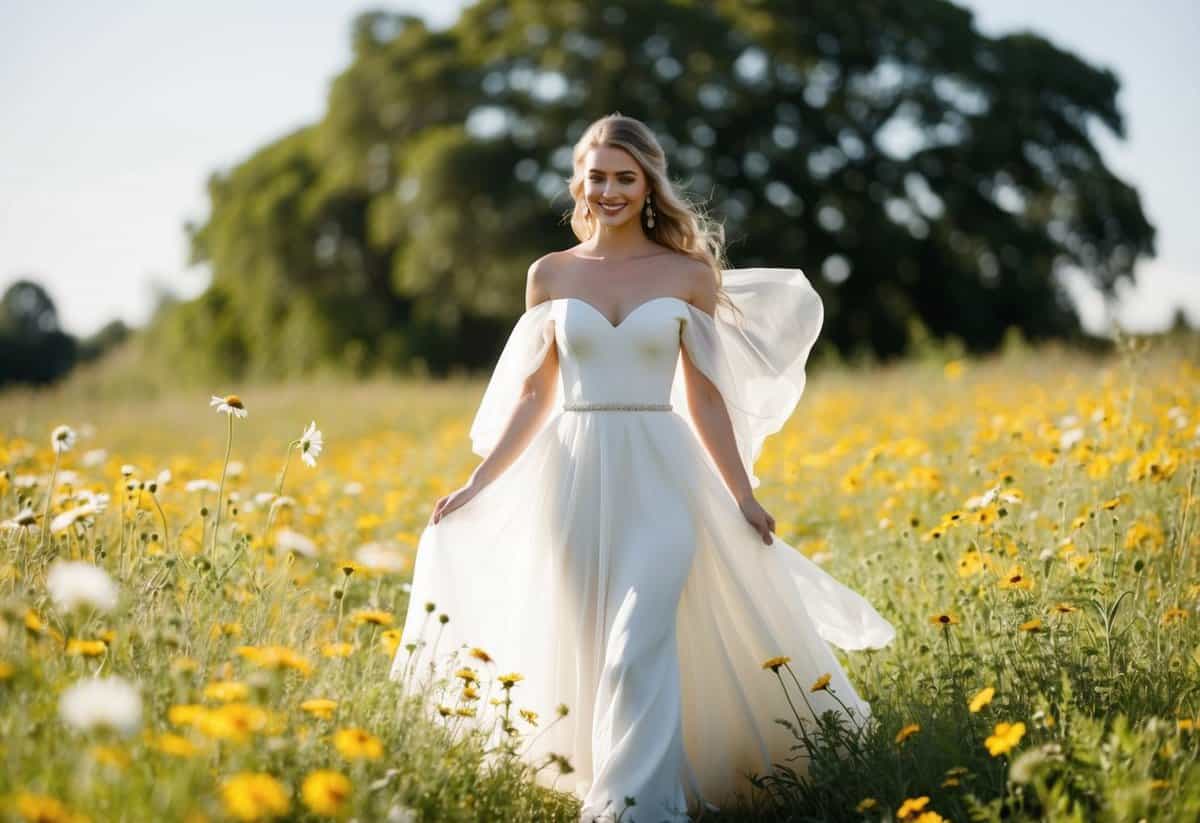 A bride in a flowing off-shoulder dress, surrounded by wildflowers in a sunlit meadow